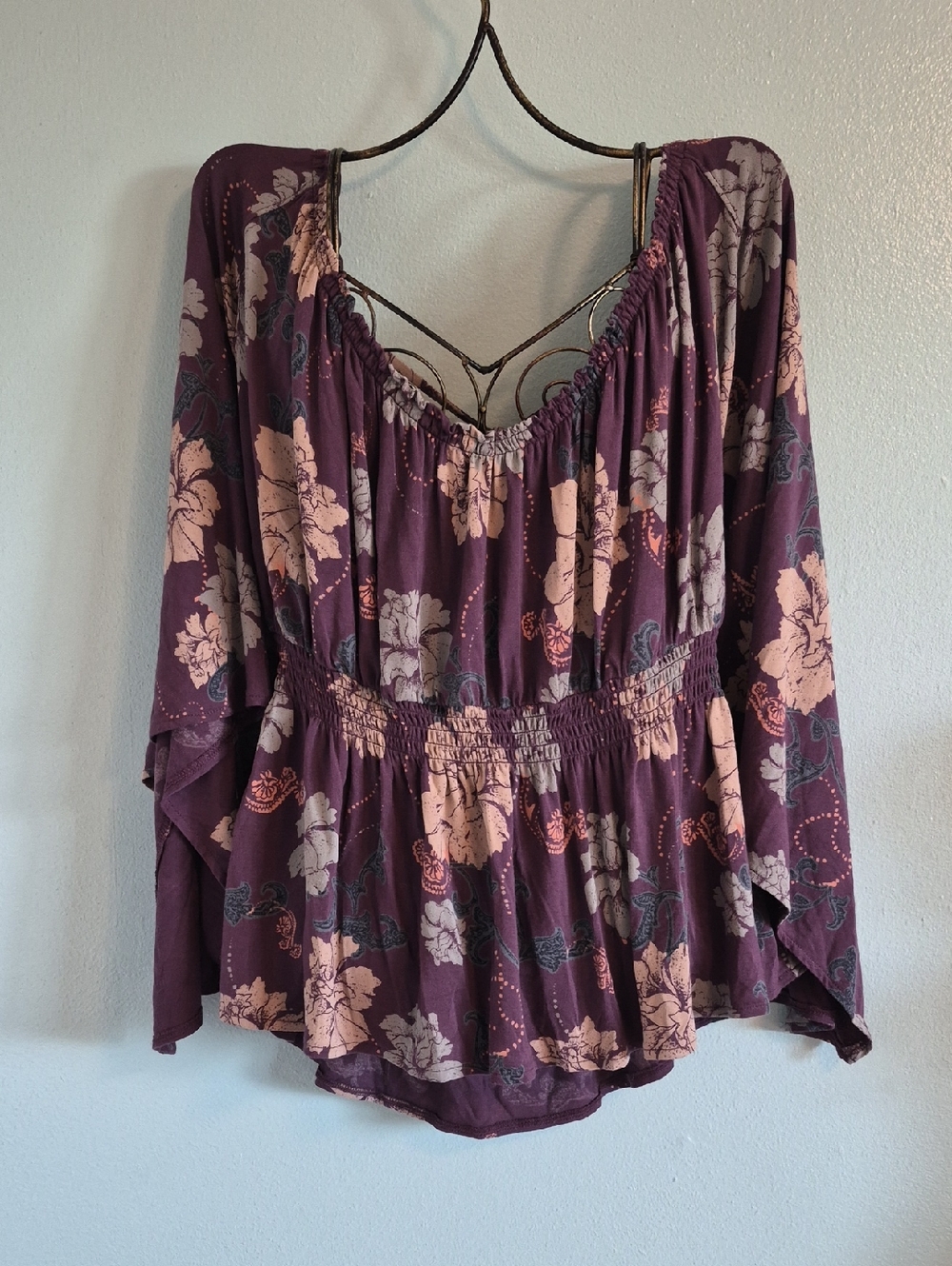 Free People Purple Floral Top Bell Sleeve T Back Large